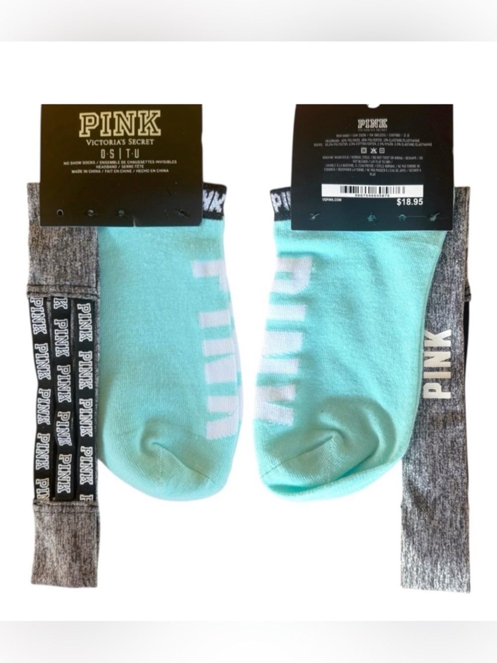 Pink Victoria’s Secret Logo Set, Gray Headband, No-Show Ankle Socks, Teal, White